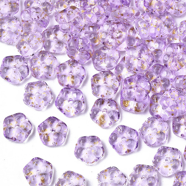 PandaHall Spray Painted Glass Beads, with Gold Foil, Flower, Plum, 6x3mm, Hole: 0.9mm Glass Flower Purple