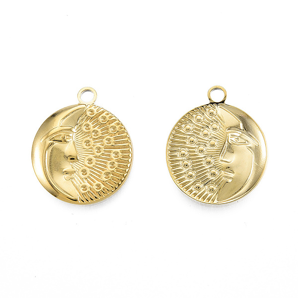 

PandaHall Ion Plating(IP) 201 Stainless Steel Pendants, Flat Round with Moon & Human Face, Real 18K Gold Plated, 24x20x2.5mm, Hole: 2mm 201...