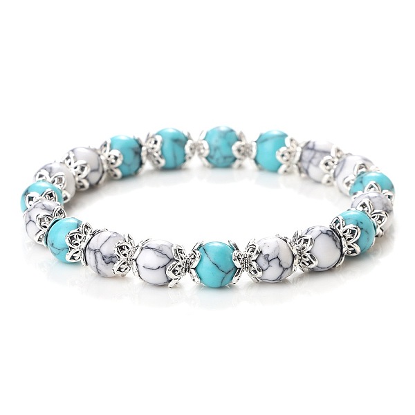 Two Tone Synthetic Turquoise Dyed Round Beaded Stretch Bracelets For Women