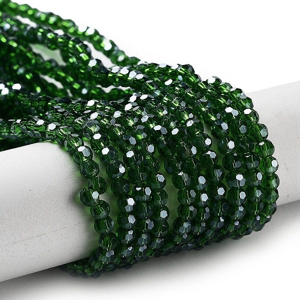 

PandaHall Electroplate Transparent Glass Beads Strands, Faceted(32 Facets), Round, Pearl Luster Plated, Green, 3mm, Hole: 0.8mm, about...