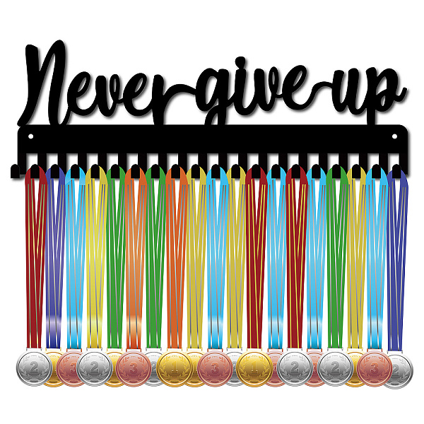 

PandaHall Iron Medal Holder Frame, Medals Display Hanger Rack, 20 Hooks, with Screws, Rectangle with Word Never Give Up, Black, 143x400mm...