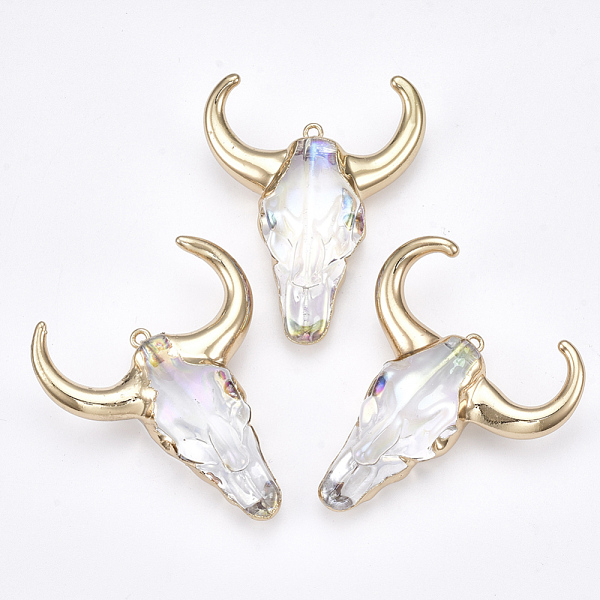 

PandaHall Electroplate Glass Big Pendants, with Iron Findings, AB Colour, Ox-Head Shape, Clear AB, Golden, 45~60x35~50x15mm, Hole: 2mm..., White