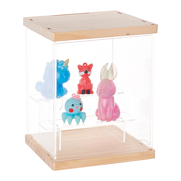 PandaHall 3-Tier Transparent Acrylic Presentation Boxes, Minifigures Display Case, with Wood Base, for Doll, Action Figures Storage, Clear...
