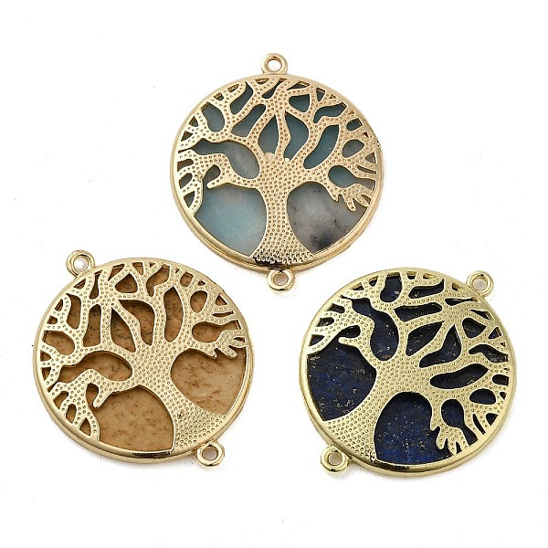 

PandaHall Natural Mixed Gemstone Flat Round Connector Charms, Tree of Life Links with Rack Plating Golden Plated Brass Findings, 33x27x3mm...