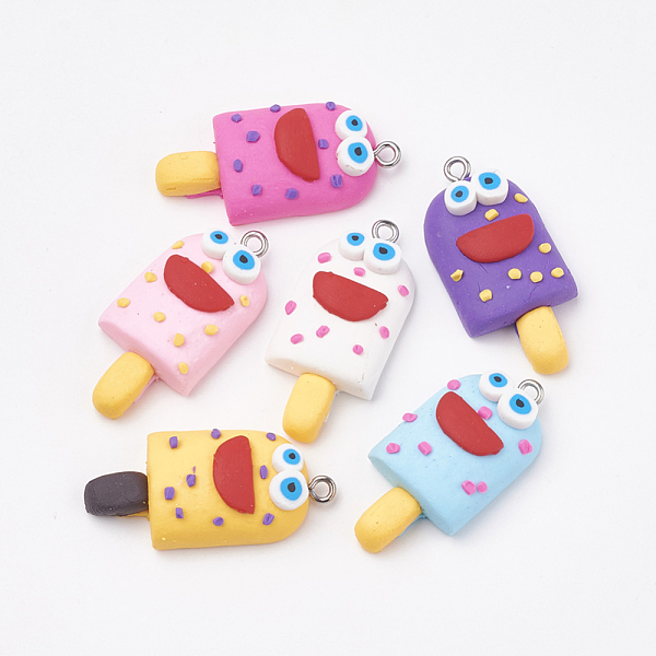 

PandaHall Handmade Polymer Clay Pendants, with Iron Findings, Ice Cream with Smile, Platinum, Mixed Color, 34~35x16~17x8~9mm, Hole: 2mm..., Multicolor