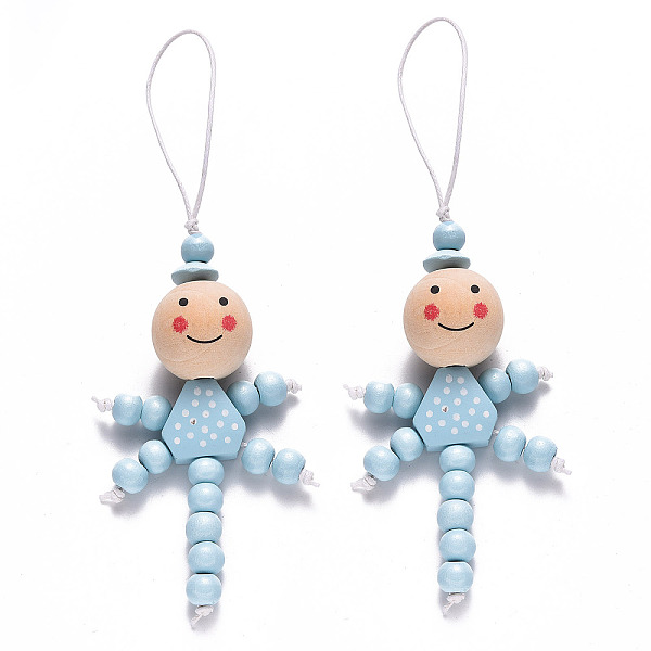

PandaHall Natural Wood Pendant Decorations, with Waxed Cord, Doll, Light Sky Blue, 148~151x48~51mm Wood Doll