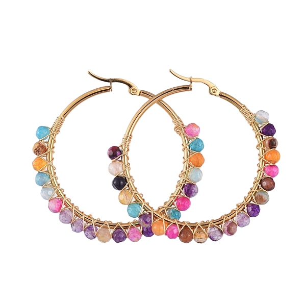 

PandaHall Beaded Hoop Earrings, with with Natural Agate Beads, Golden Plated 304 Stainless Steel Hoop Earrings and Cardboard Packing Box...