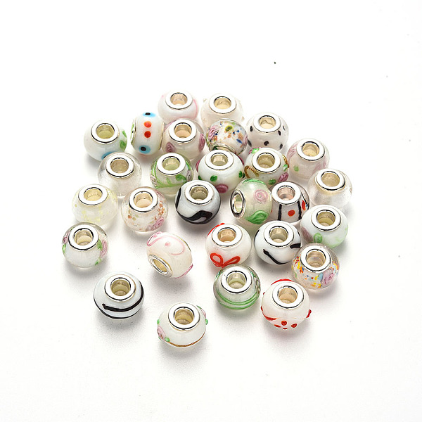 

PandaHall Handmade Lampwork European Beads, Large Hole Rondelle Beads, with Platinum Tone Brass Double Cores, with Mix Pattern, Floral White...