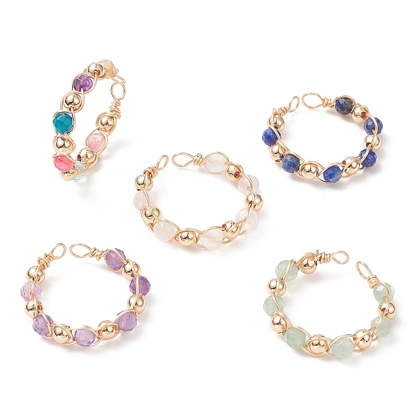 

PandaHall Natural Mixed Gemstone Round Beaded Open Cuff Rings, Light Gold Copper Wire Wrapped Jewelry for Women, Inner Diameter: 19mm Mixed...