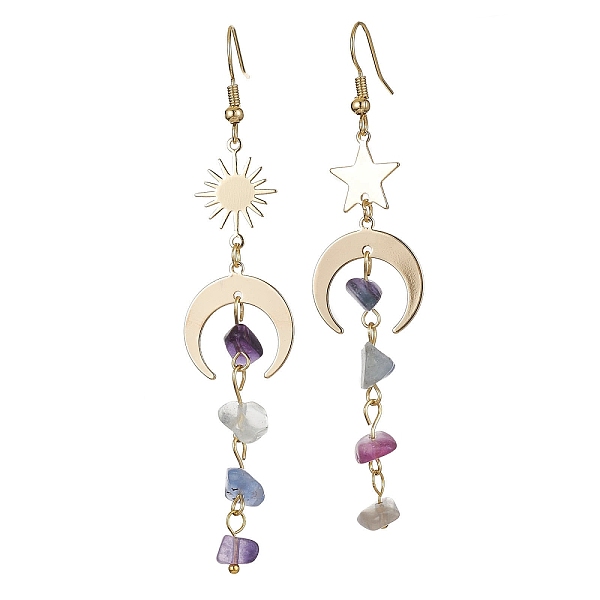 

PandaHall Moon & Star & Sun Brass Asymmetrical Earrings, Natural Fluorite Chips Beads Tassel Earrings, Golden, 80~86x18mm Fluorite Moon
