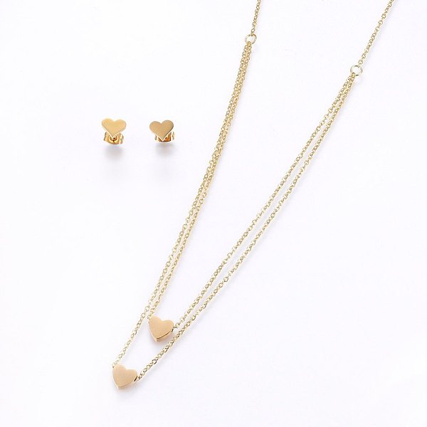 

PandaHall 304 Stainless Steel Jewelry Sets, Stud Earrings and Pendant Tiered Necklaces, Heart, Golden, Necklace: 18.1 inch(46cm), 1.5mm...
