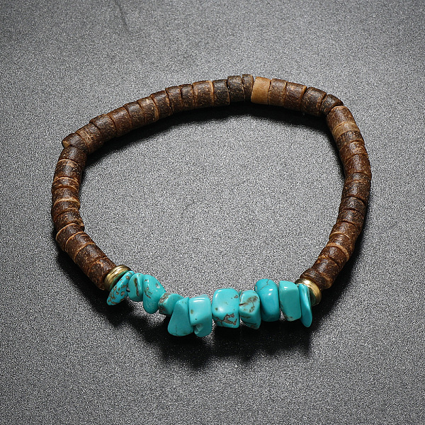 Synthetic Turquoise Chips & Coconut Disc Beaded Stretch Bracelet