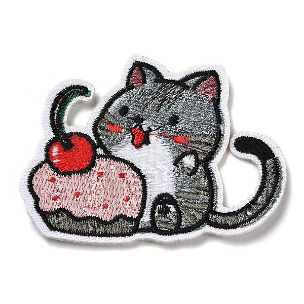 PandaHall Cat with Strawberry Cake Appliques, Computerized Embroidery Cloth Iron on/Sew on Patches, Costume Accessories, Gray, 59x73x1.5mm...