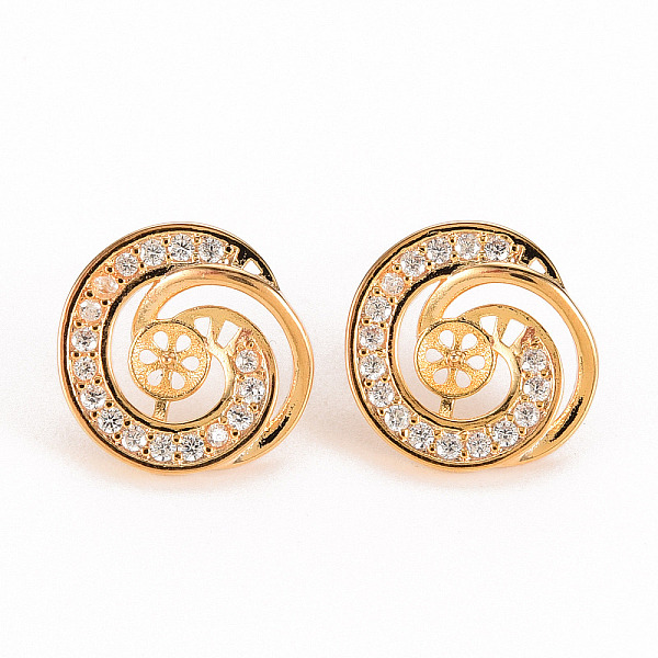 

PandaHall Brass Micro Pave Clear Cubic Zirconia Stud Earring Findings, for Half Drilled Bead, Nickel Free, Flat Round with Vortex, Real 18K...