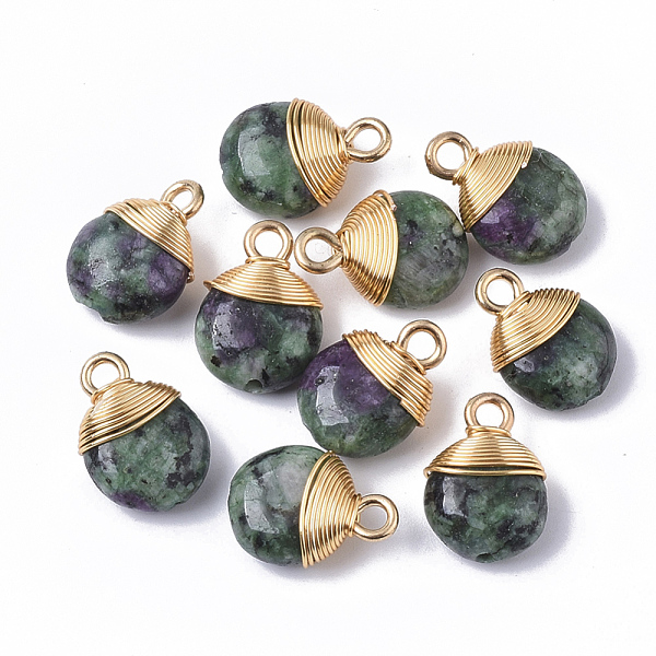 

PandaHall Natural Ruby in Zoisite Pendants, with Golden Tone Brass Wires and Iron Loops, Half Drilled, Flat Round, 14~15x10~11x5~6mm, Hole...