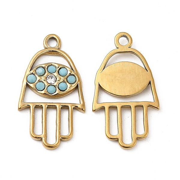 

PandaHall Vacuum Plating 201 Stainless Steel with Rhinestone Pendants, Hamsa Hand with Evil Eye Charm, Real 18K Gold Plated, 25x13.5x2mm...