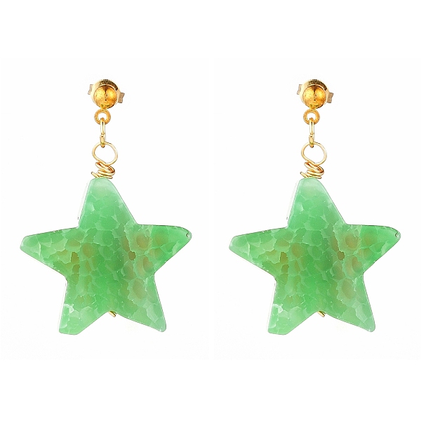 

PandaHall Natural Agate Star Dangle Stud Earrings, with Iron Ball Stud Earring Findings and Brass Ear Nuts, Golden, Green, 1-1/2 inch(38mm)...