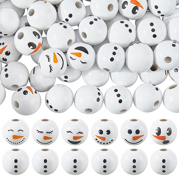 Cuentas europeas de madera impresas con tema de muñeco de nieve navideño