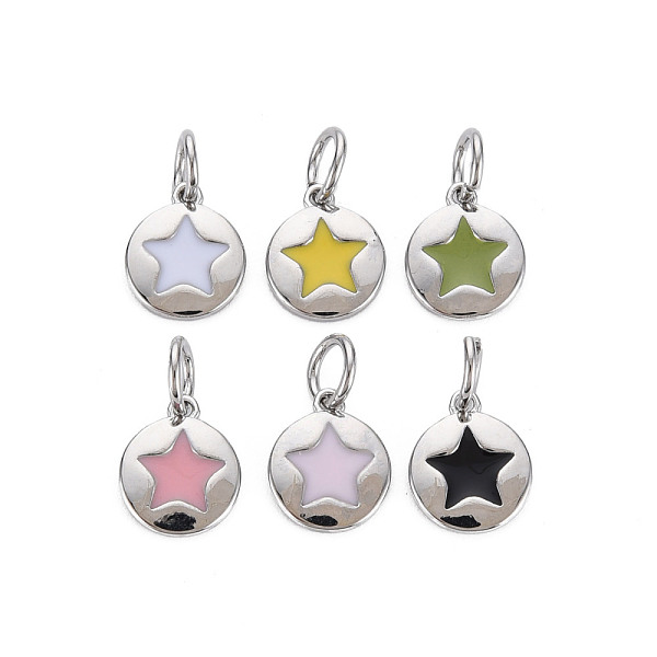 

PandaHall Brass Enamel Charms, Nickel Free, Flat Round with Star, Real Platinum Plated, 10x8x1mm, Hole: 3mm Brass+Enamel Flat Round..., Multicolor