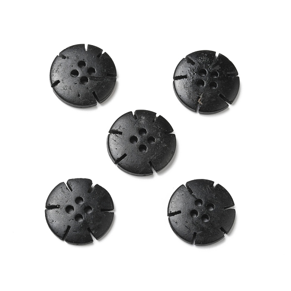 PandaHall 4-Hole Dyed Natural Coconut Buttons, Flower, Black, 19.5x3.5mm, Hole: 1.8mm Coconut Flower Black