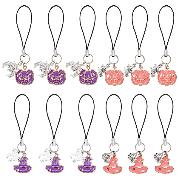 

PandaHall 12Pcs 4 Style Alloy Enamel Charm Mobile Straps, Polyester Cord Mobile Accessories Decoration, Pumpkin & Bat/Witch/Magic Hat/Cat..., Multicolor