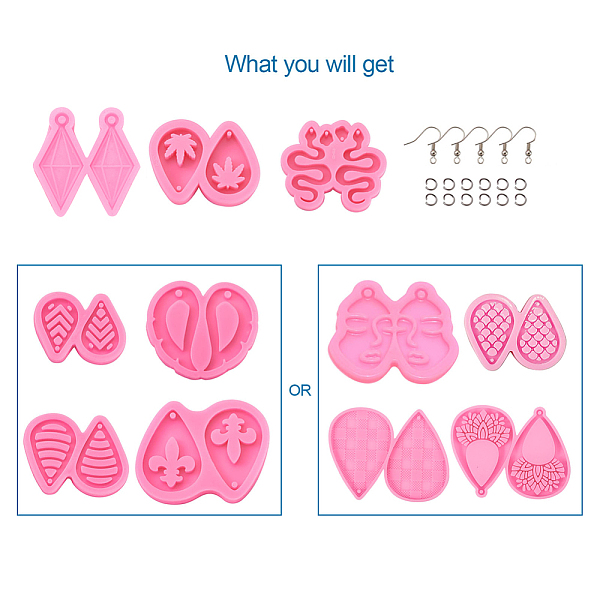 

PandaHall DIY Dangle Earring Making Kits, Including Mixed Shapes Pendant Silicone Molds, 304 Stainless Steel Open Jump Rings, Brass Earring..., Pink