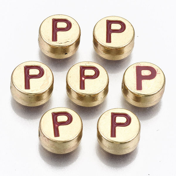 

PandaHall Alloy Enamel Beads, Cadmium Free & Lead Free, Flat Round with Initial Letters, Light Gold, Brown, Letter.P, 8x4mm, Hole: 1.5mm...