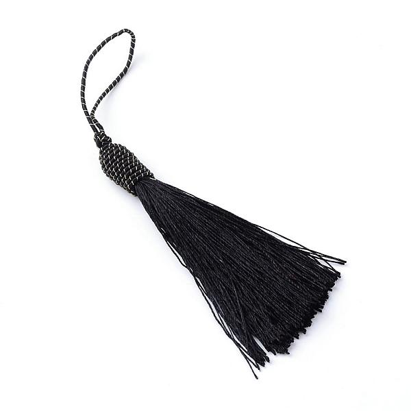 

PandaHall Polyester Tassel Decorations, Pendant Decorations, with Metallic Cord, Black, 95~101x11~12mm Polyester Black