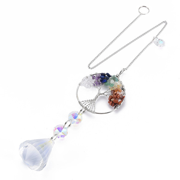 

PandaHall Natural Mixed Gemstone Big Pendants, with Platinum Brass Chain Extender and Findings, Plating Glass Teardrop & Flower, Clear AB..., White