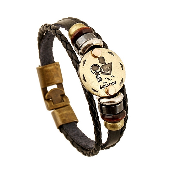 

PandaHall Braided Cowhide Cord Multi-Strand Bracelets, Constellation Bracelet for Men, with Wood Bead & Alloy Clasp, Aquarius, 7-7/8~8-1/2..., Black