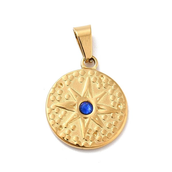 

PandaHall Vacuum Plating 304 Stainless Steel Pendants, with 201 Stainless Steel Snap On Bails and Sapphire Rhinestone, Flat Round with Star..., Blue