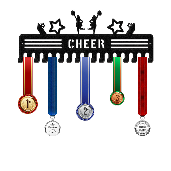 

PandaHall Fashion Iron Medal Hanger Holder Display Wall Rack, with Screws, Word Cheer, Electrophoresis Black, 120x400mm Iron Black