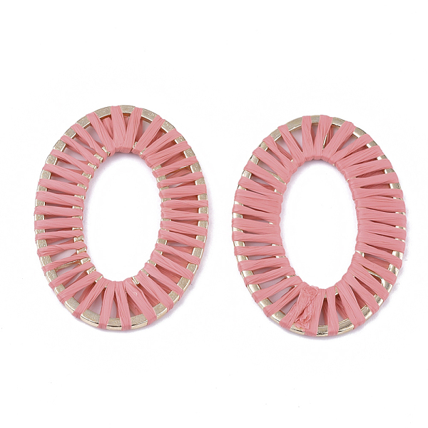 

PandaHall Handmade Raffia Woven Linging Rings, with Alloy Findings, Oval Ring, Light Gold, Light Coral, 48x34x2mm, Inner Diameter...