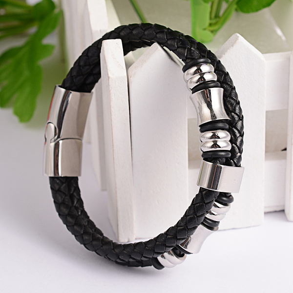 

PandaHall Braided Leather Cord Bracelets, with Stainless Steel Clasps, Black, 210mm Leather Black