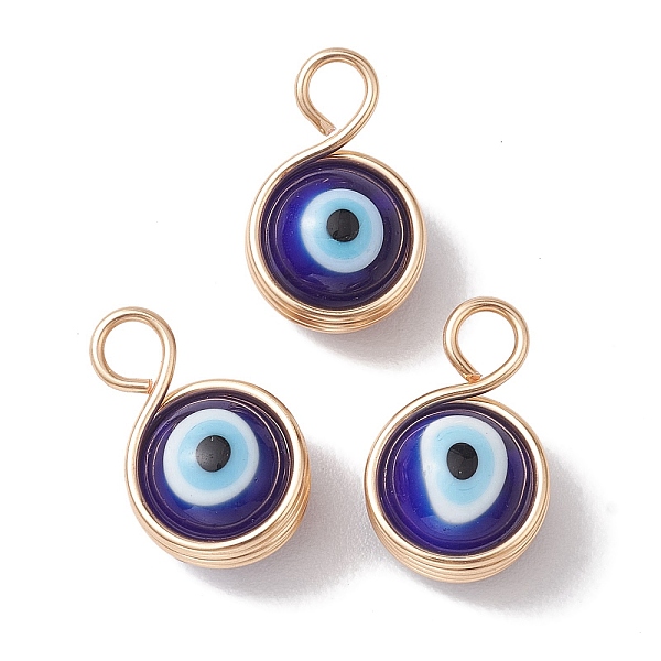 

PandaHall Copper Wire Warpped Handmade Lampwork Pendants, Evil Eye Charms, Light Gold, 17.5x11x9.5mm, Hole: 3mm Lampwork Round