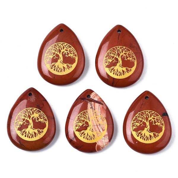 

PandaHall Natural Red Jasper Pendants, Teardrop with Tree of Life Pattern, 32~33.5x25~26x6.5~7.5mm, Hole: 2mm, 6pcs/bag Red Jasper Teardrop