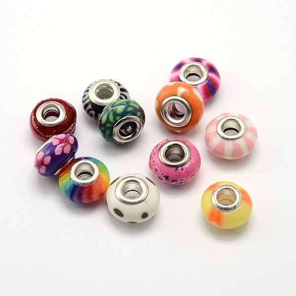 

PandaHall Handmade Polymer Clay Large Hole Rondelle European Beads, with Double Silver Color Plated Brass Cores, Mixed Color, 15x10mm, Hole..., Multicolor