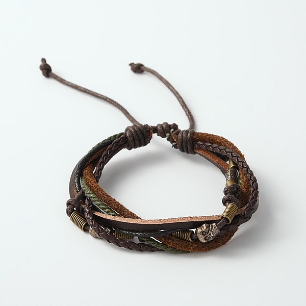 

PandaHall Adjustable Retro Multi-strand Bracelets, 6-strand Leather Cord Bracelets with Wood Beads, Antique Silver Tone Alloy Findings and..., Brown