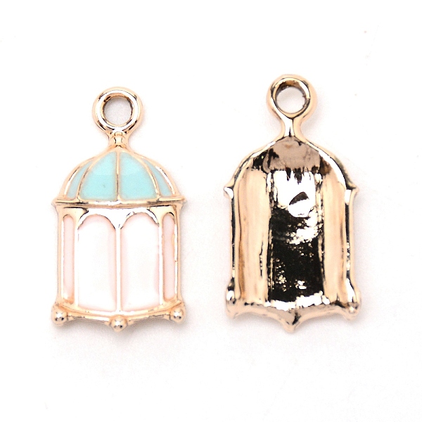 

PandaHall Zinc Alloy Enamel Pendants, Light Gold, Birdcage, Cyan, 19x10.5x3mm, Hole: 2mm Alloy+Enamel Others Cyan