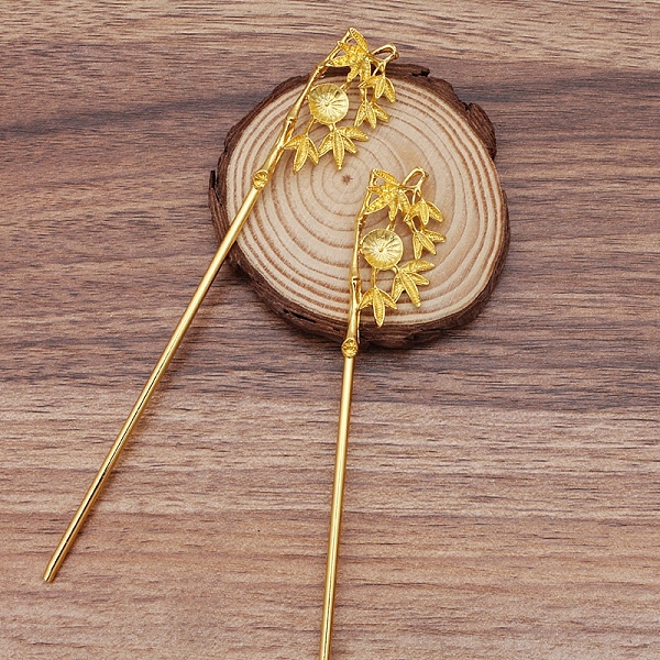 

PandaHall Iron Hair Stick Findings, with Alloy Cabochons Setting, Bamboo, Golden, 155x22x6mm Iron