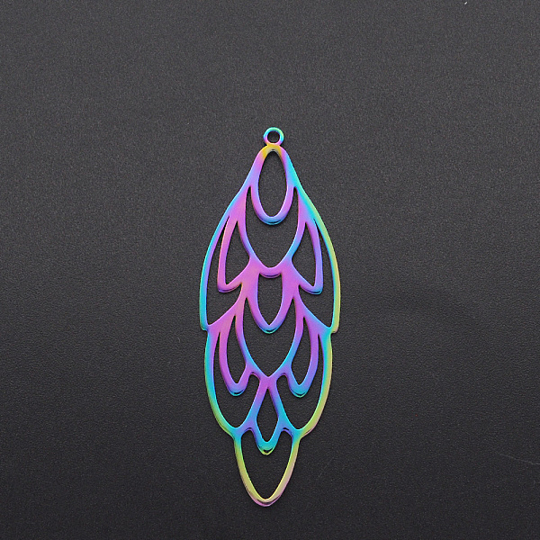 

PandaHall Ion Plating(IP) 201 Stainless Steel Big Pendants, Feather, Laser Cut, Rainbow Color, 52x19x1mm, Hole: 1.6mm 201 Stainless Steel...