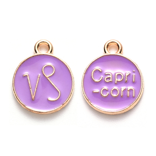 

PandaHall Alloy Enamel Pendants, Cadmium Free & Lead Free, Flat Round with Constellation, Light Gold, Medium Purple, Capricorn, 22x18x2mm...