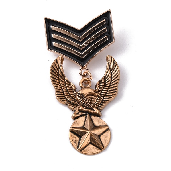 

PandaHall Eagle & Star Zinc Alloy Pendant Lapel Pin, Chevron Brooch Medal for Men, Antique Golden, 65x30x1.5mm Alloy