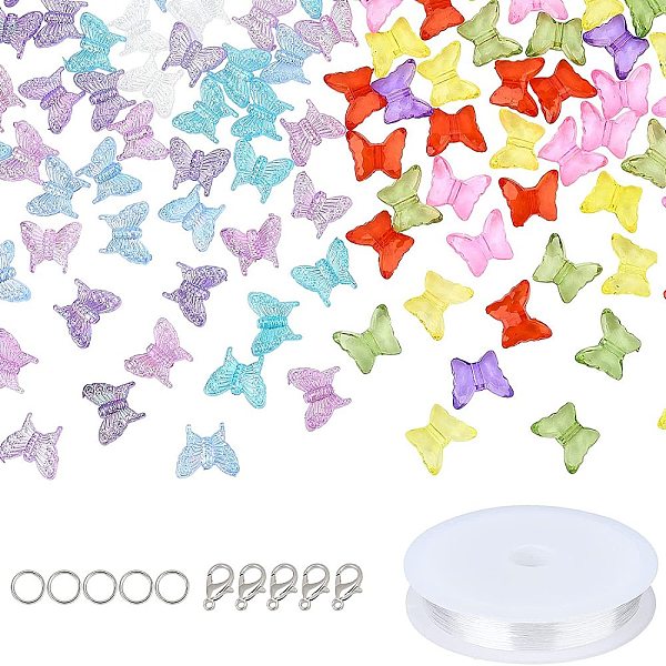 

PandaHall 120Pcs Transparent Acrylic Beads, Butterfly, with Iron Open Jump Rings & Zinc Alloy Lobster Claw Clasps, with Elastic Crystal..., Multicolor