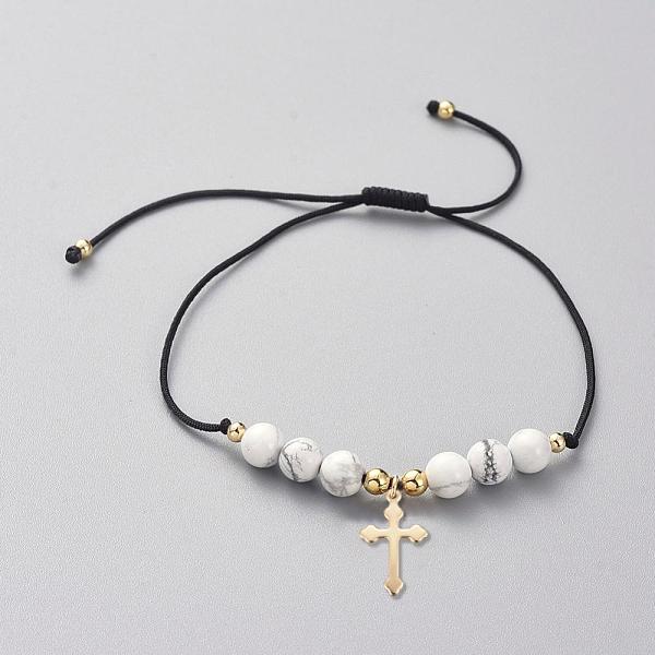 

PandaHall Adjustable Braided Bead Bracelets, with Natural Howlite Beads, Nylon Thread, Golden Plated 304 Stainless Steel Pendants and Brass..., Black
