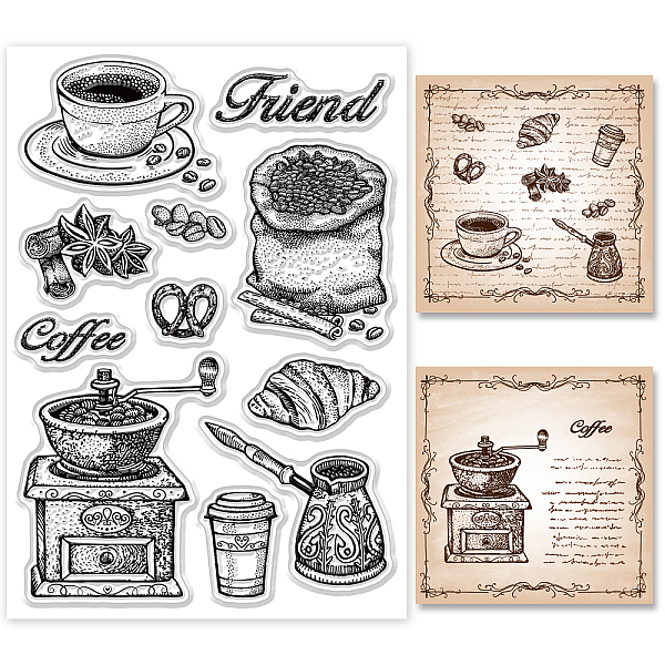 PandaHall GLOBLELAND Vintage Coffee Clear Stamps Retro Coffee Beans Tea Cup Silicone Clear Stamp Seals for Cards Making DIY Scrapbooking...