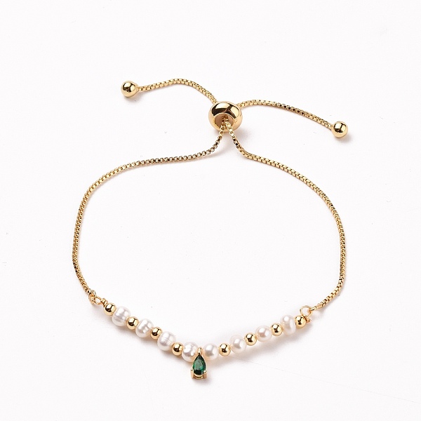 

PandaHall Adjustable Brass Slider Bracelets, Bolo Bracelets, with Teardrop Brass Cubic Zirconia Charms, Brass Beads and Natural Pearl Beads..., Green