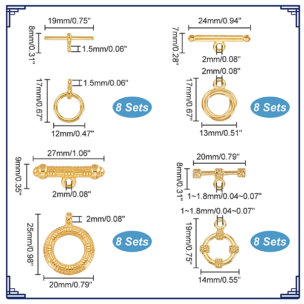 

PandaHall 32 sets 4 style Tibetan Style Alloy Ring Toggle Clasps, Mixed Ring, Heart, Golden, Ring: 12~25x12~20x1~4mm, Hole: 1~2mm, Bar...