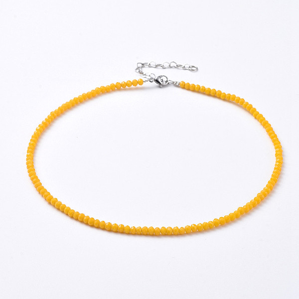 

PandaHall Faceted Rondelle Glass Beaded Necklaces, with Brass Crimp Beads, Stainless Steel Heart Link Chain Extender and Lobster Claw Clasps..., Yellow
