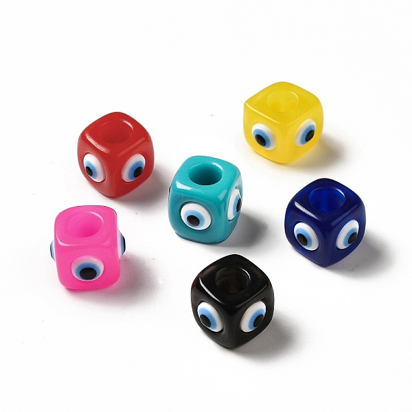 

PandaHall Resin Evil Eye European Beads, Large Hole Bead, Cube, Mixed Color, 12.5x14~14.5x14~14.5mm, Hole: 6mm Resin Cube Multicolor